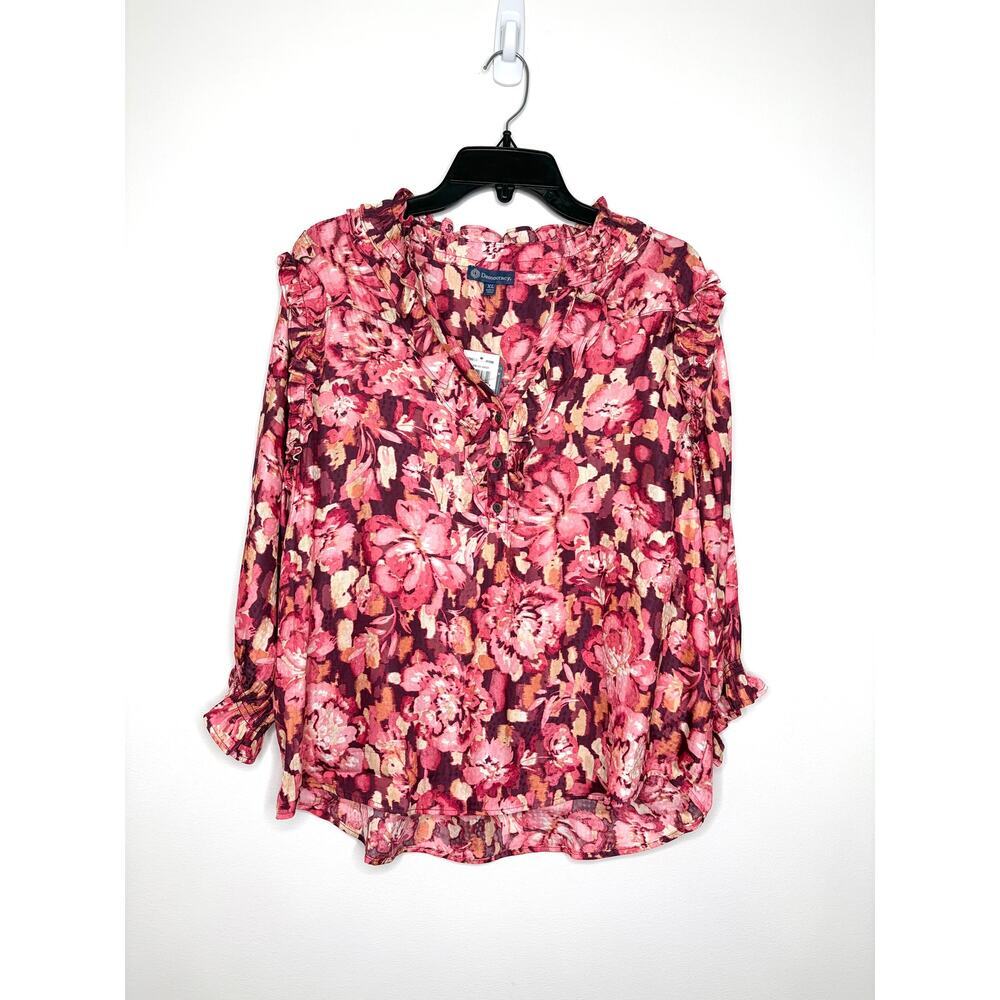 Democracy Ruffled Woven Blouse XL Plum/Fuschia Floral  Feminine Cottagecore Chic